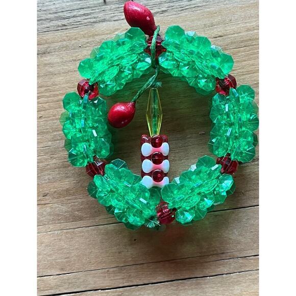 Vintage Christmas Wreath Ornament.Handmade Beaded.Candle in the middle.green/red - Picture 2 of 4
